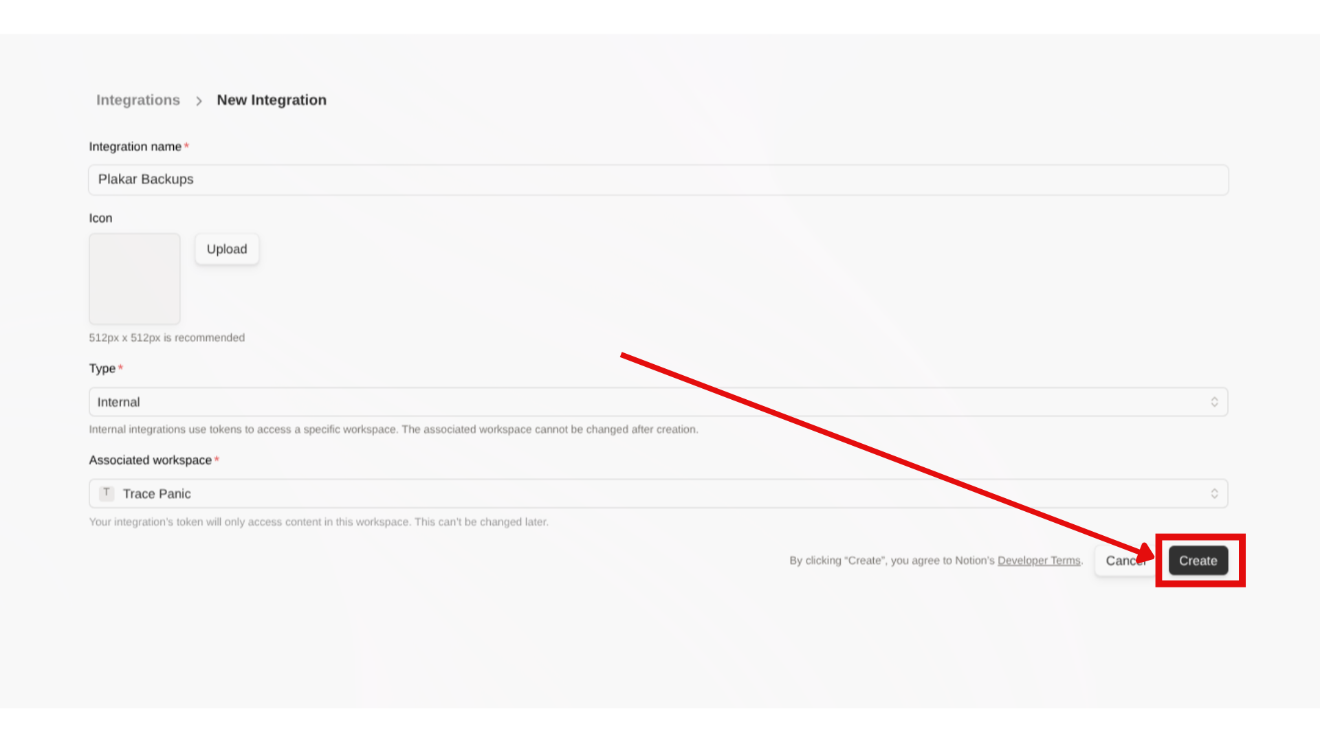 Screenshot: Creating a new internal integration