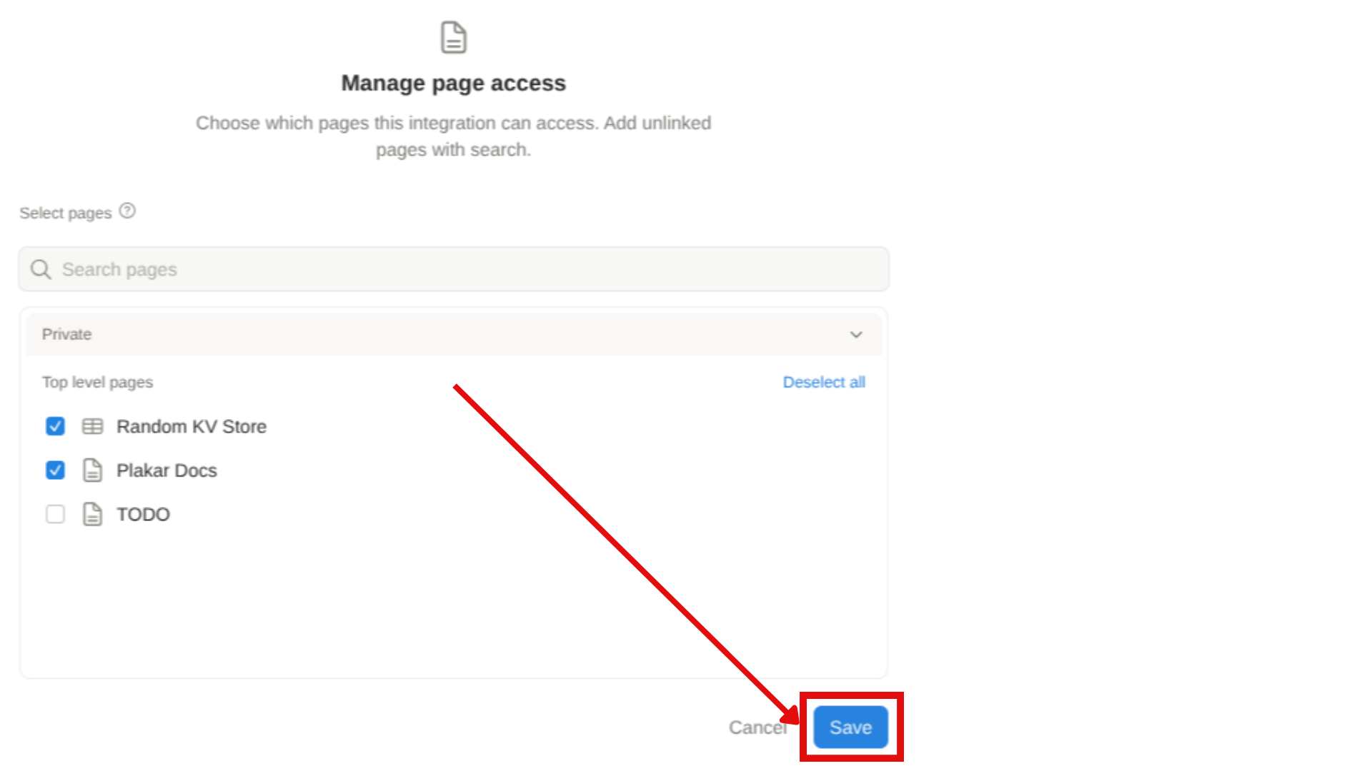 Screenshot: Sharing a page with the integration